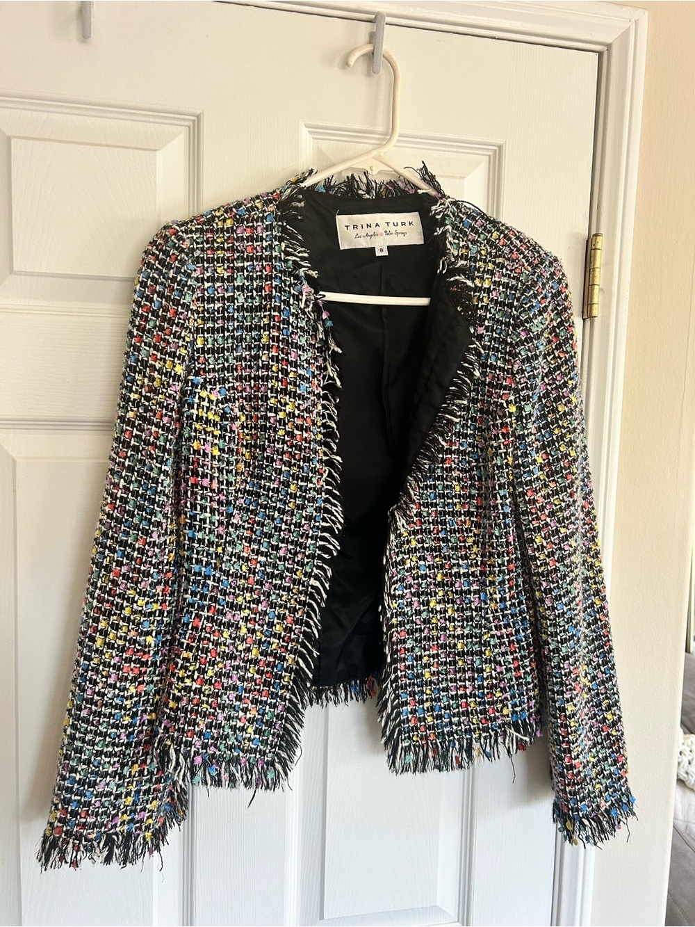 Trina Turk Confetti Tweed Open Fringed Blazer | Business Chic Size 8
